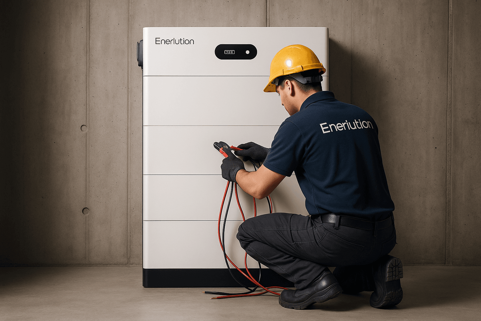 Enerlution monteur installeert modulaire thuisbatterij met professioneel gereedschap en veiligheidsuitrusting