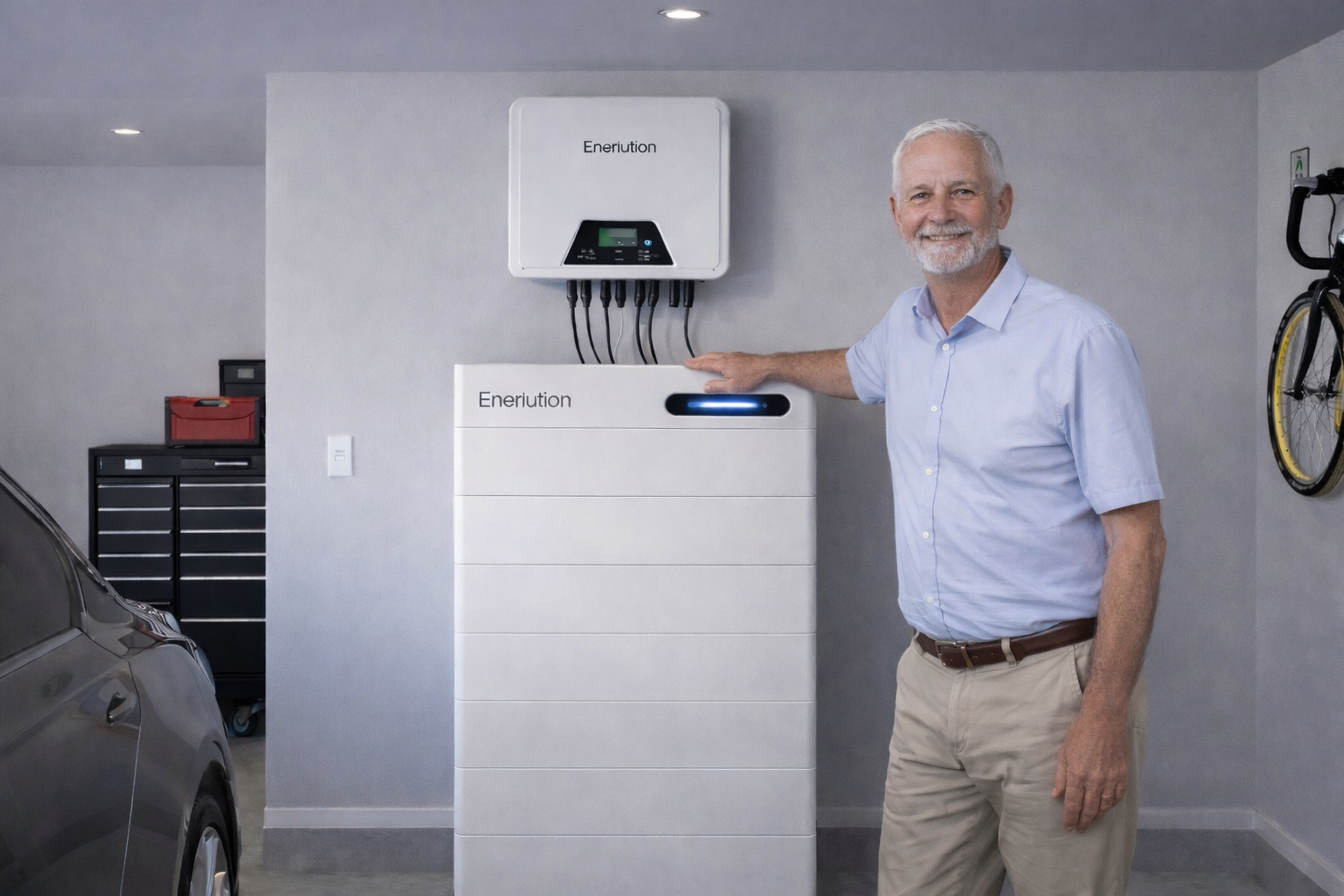 Trotse eigenaar bij Enerlution thuisbatterij in garage